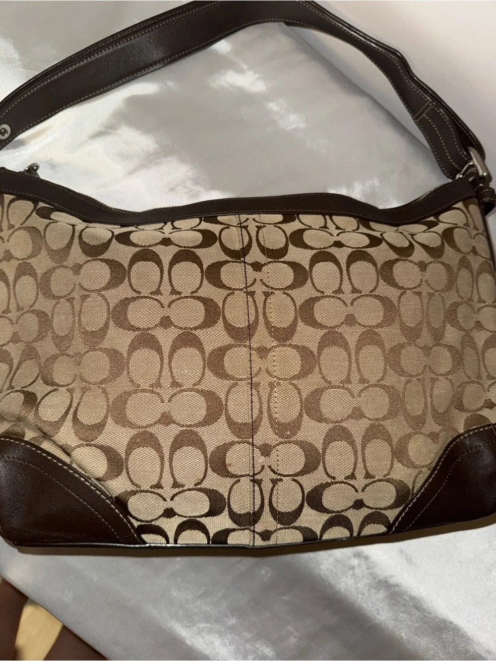 Coach Brown Signature Canvas Shoulder Bag with Dark Brown Leather Trim
